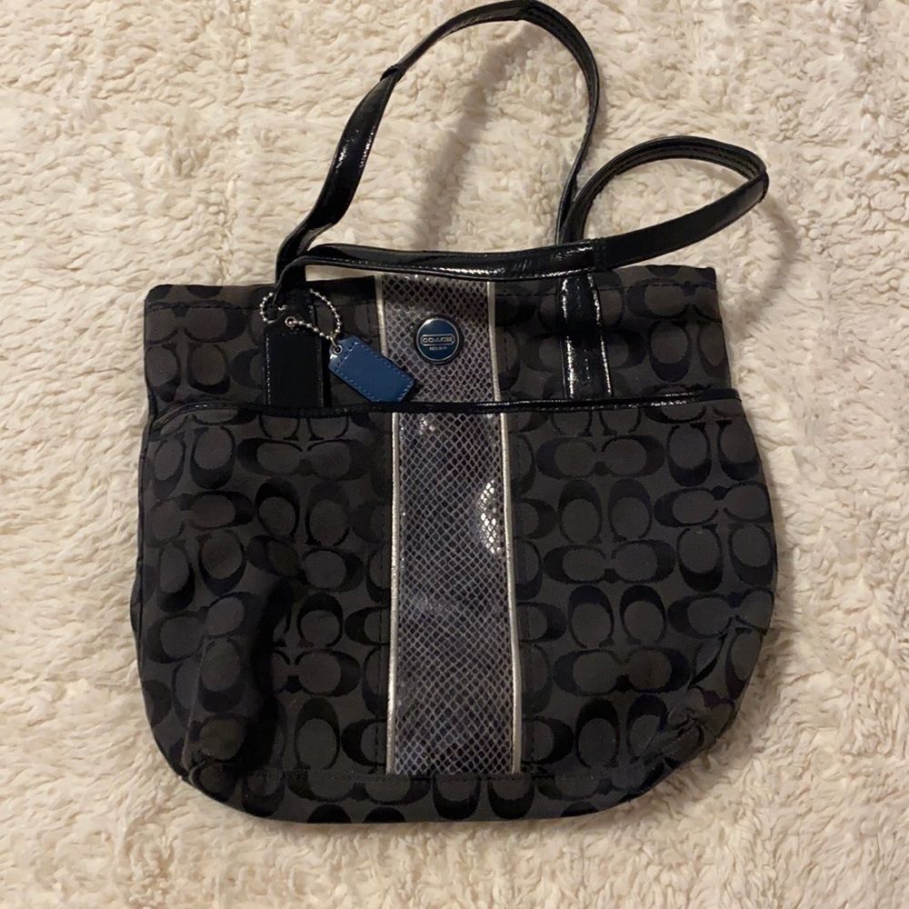 Coach Tote Purse Black Blue Signature Stripe Python Stripe​​​
